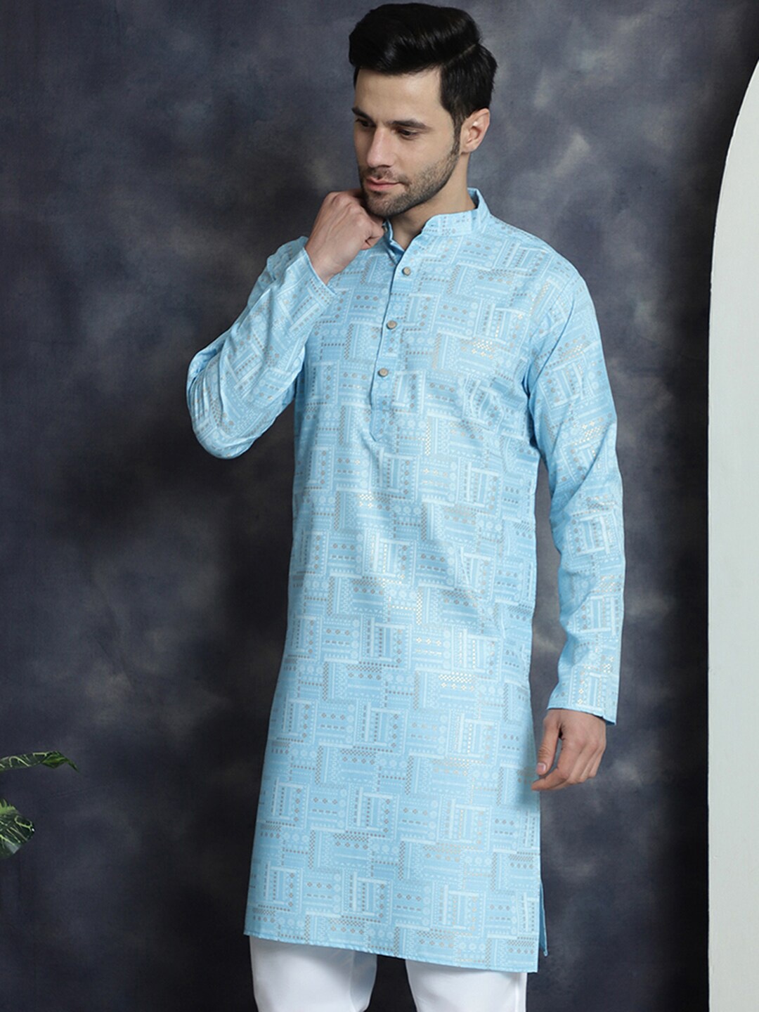 

Jompers Abstract Printed Band Collar Straight Kurta, Turquoise blue