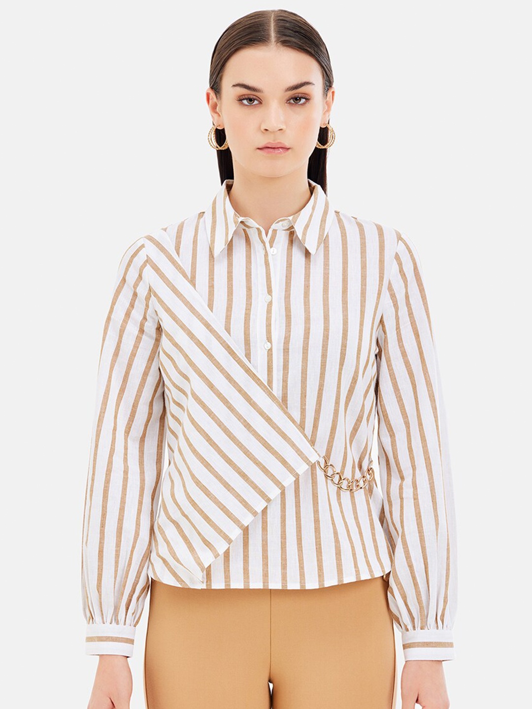 

Kazo Standard Opaque Striped Cotton Formal Shirt, Beige