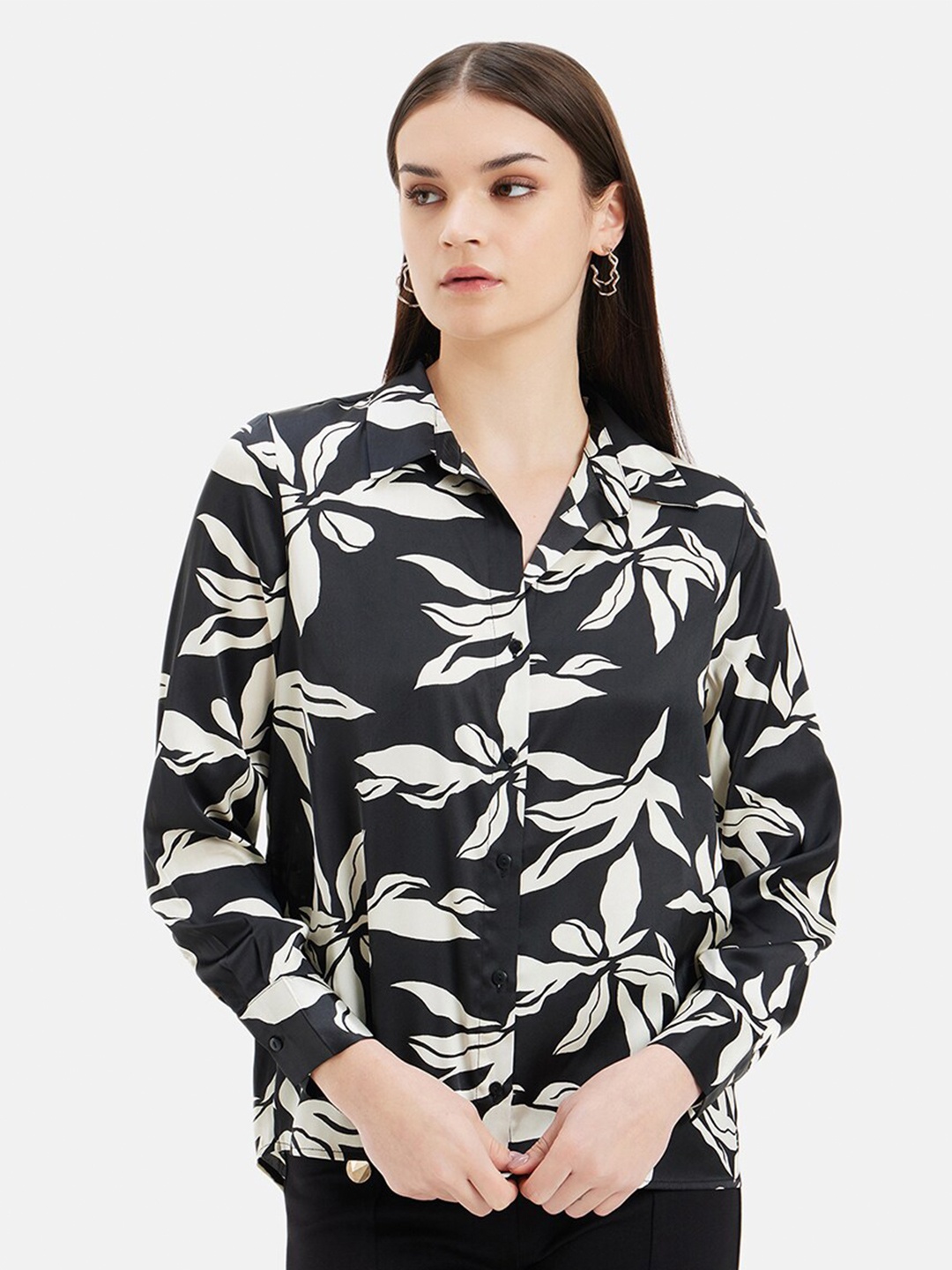 

Kazo Standard Floral Opaque Printed Satin Formal Shirt, Black