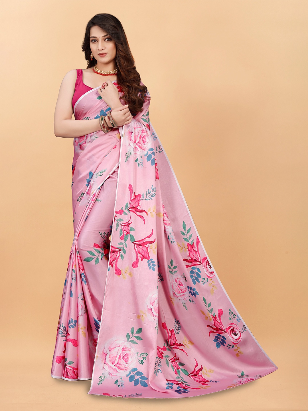 

bansari textiles Floral Printed Satin Saree, Pink