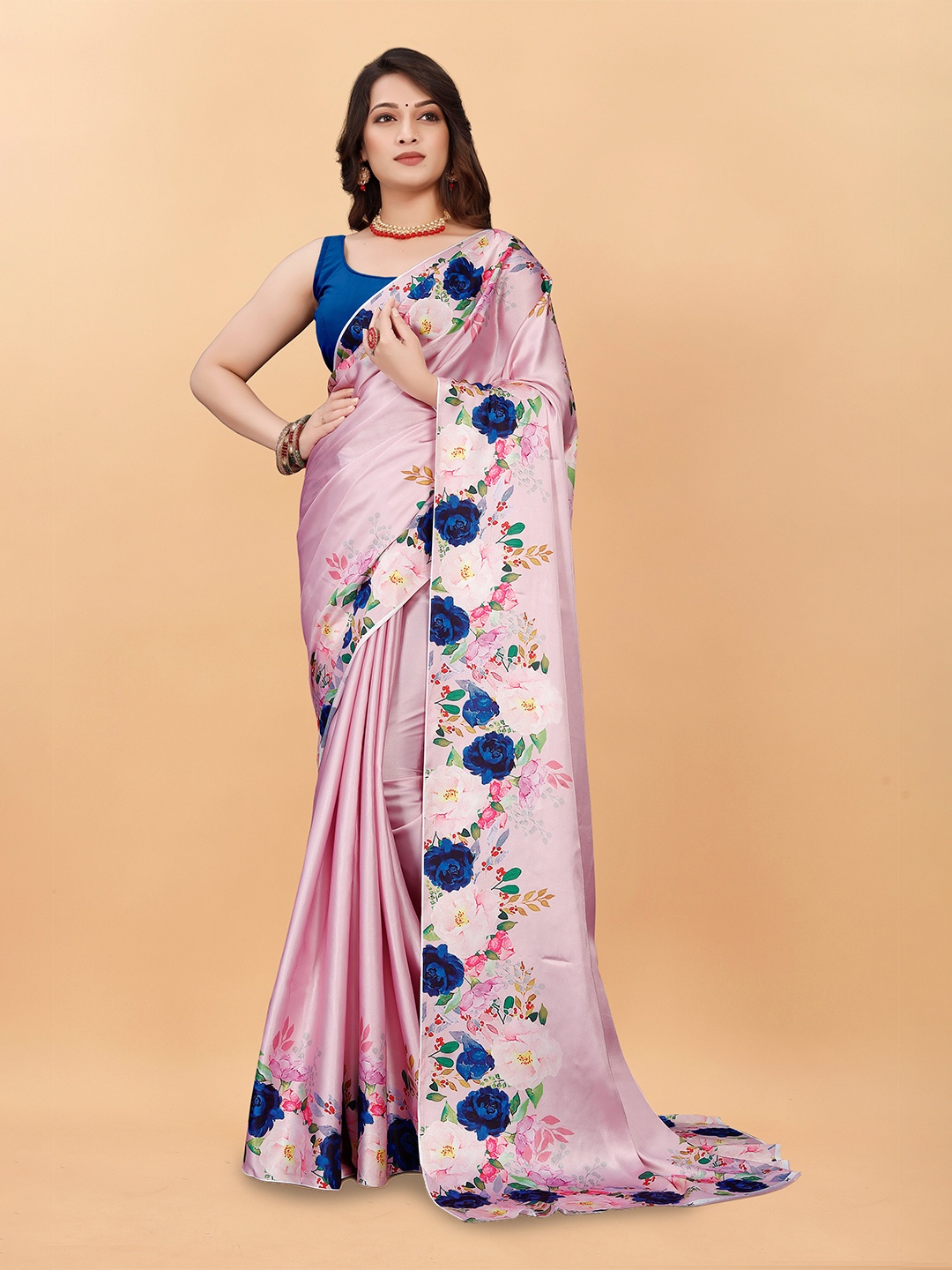 

bansari textiles Floral Printed Satin Saree, Pink
