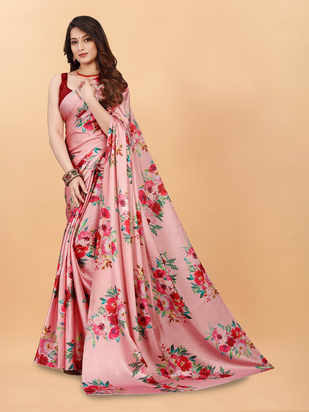 

bansari textiles Floral Printed Satin Saree, Pink