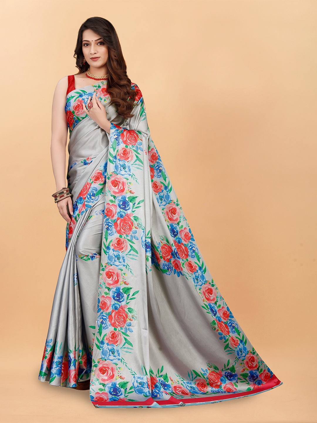 

bansari textiles Floral Printed Satin Saree, Grey