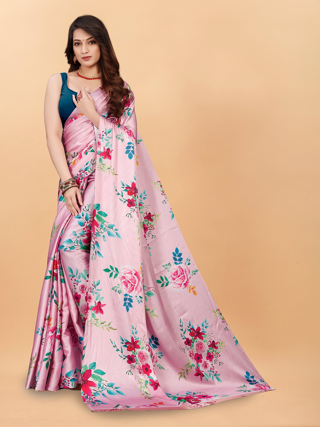 

bansari textiles Floral Printed Satin Saree, Pink