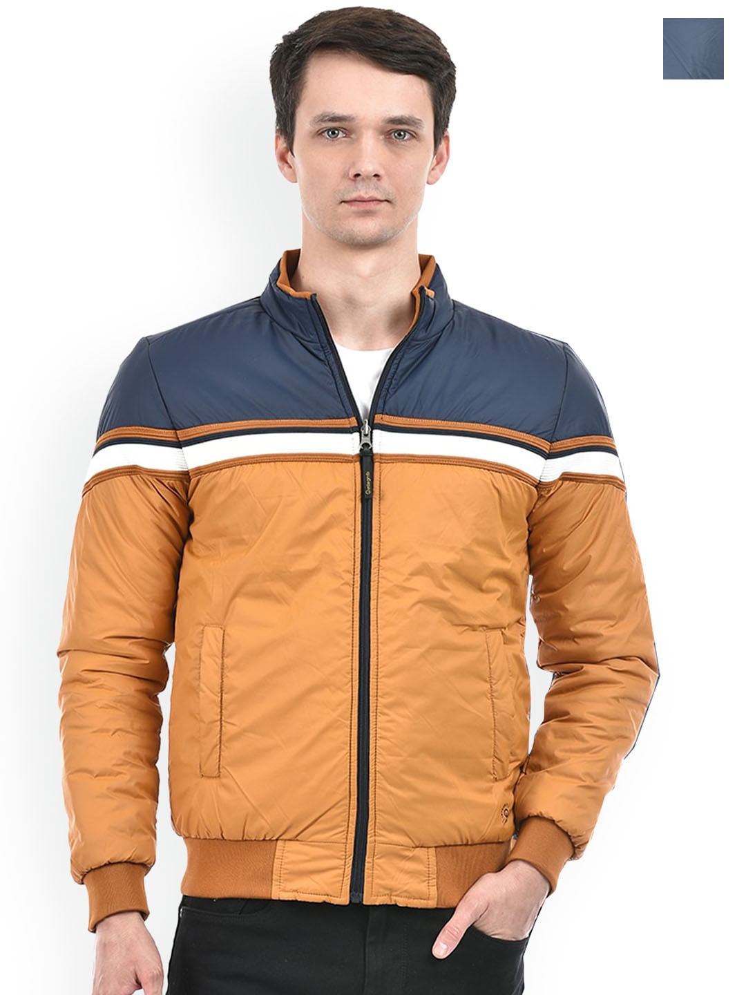 

Integriti Colourblocked Mock Collar Reversible Bomber Jacket, Mustard