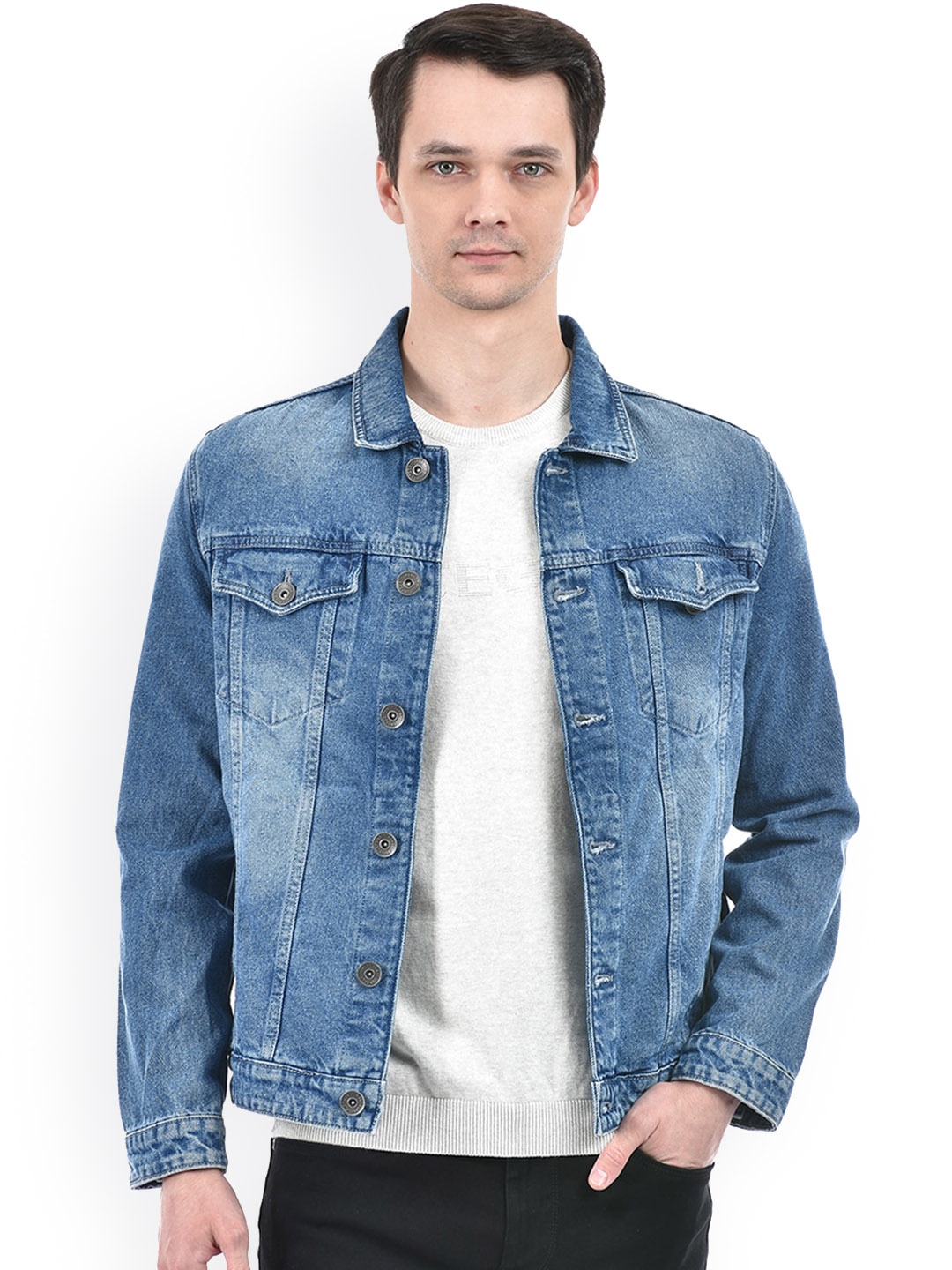 

Integriti Spread Collar Washed Cotton Denim Jacket, Blue