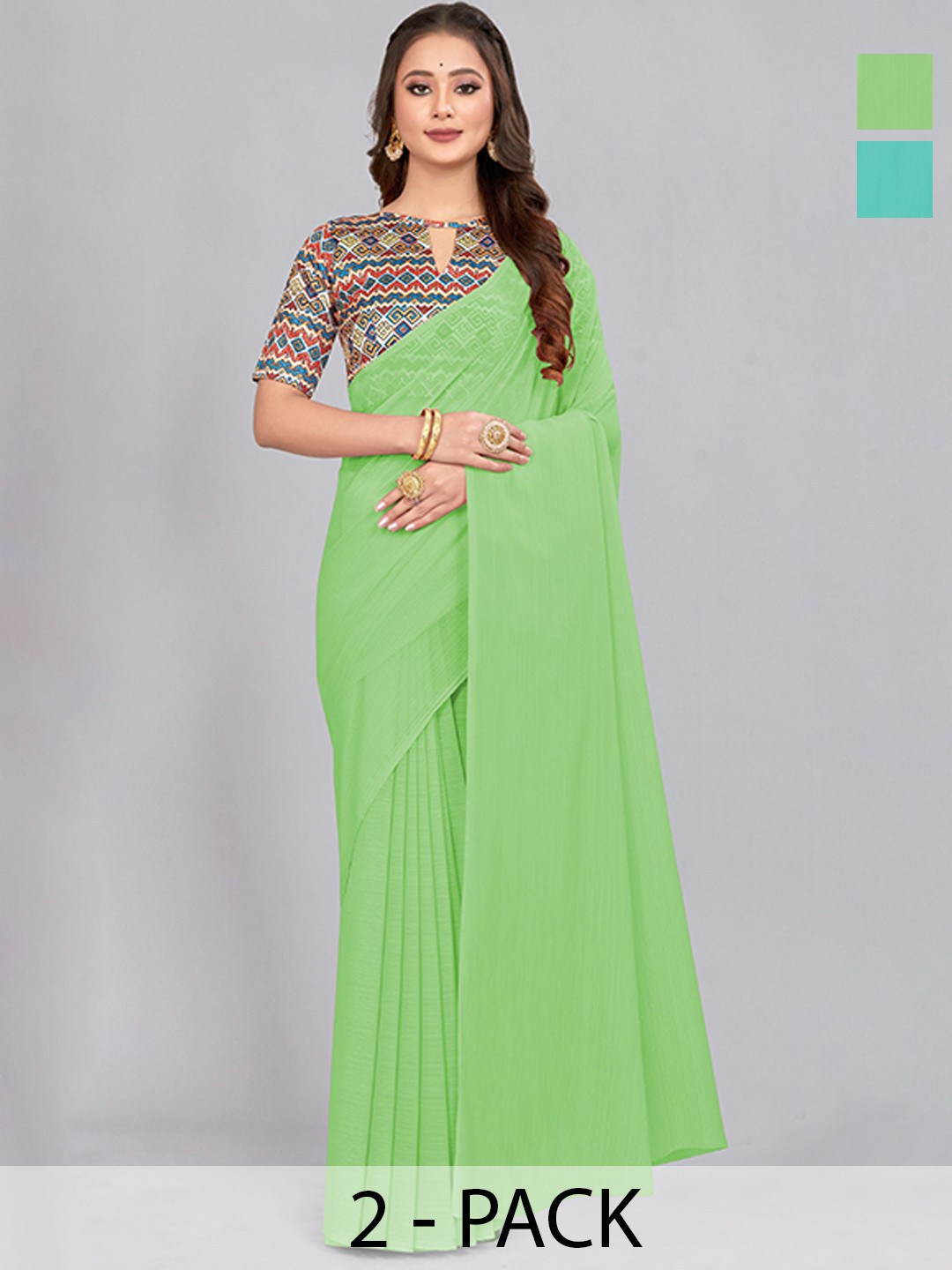 

CastilloFab Selection of 2 Pure Chiffon Sarees, Green