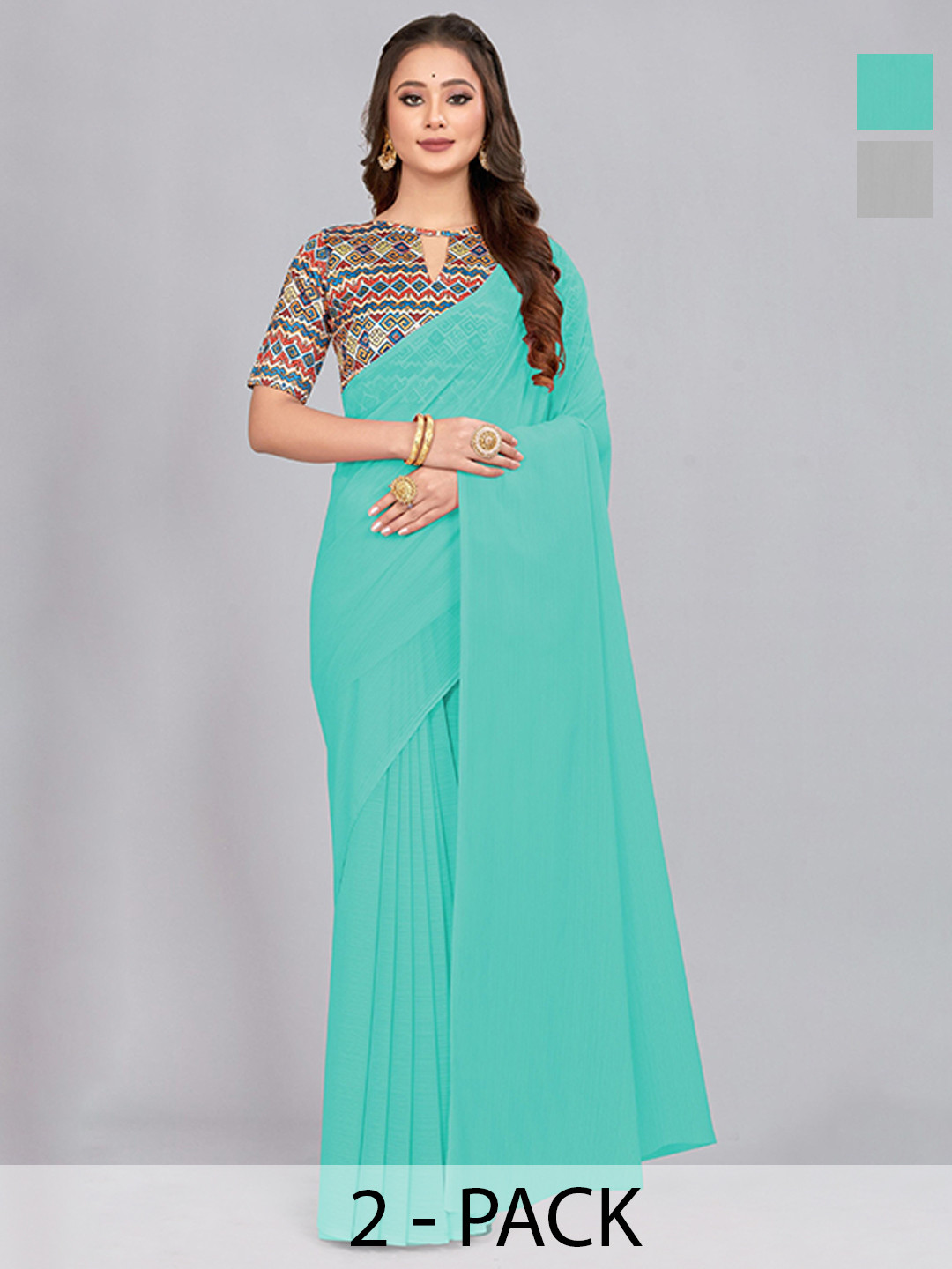 

CastilloFab Selection of 2 Pure Chiffon Sarees, Turquoise blue