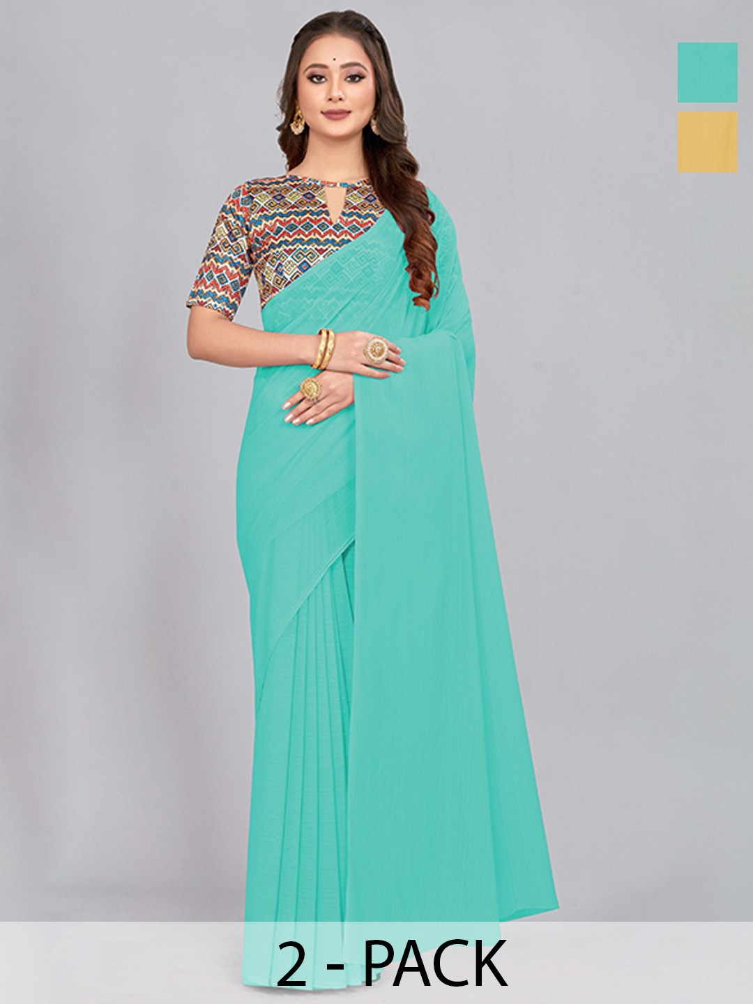 

CastilloFab Selection of 2 Pure Chiffon Sarees, Turquoise blue