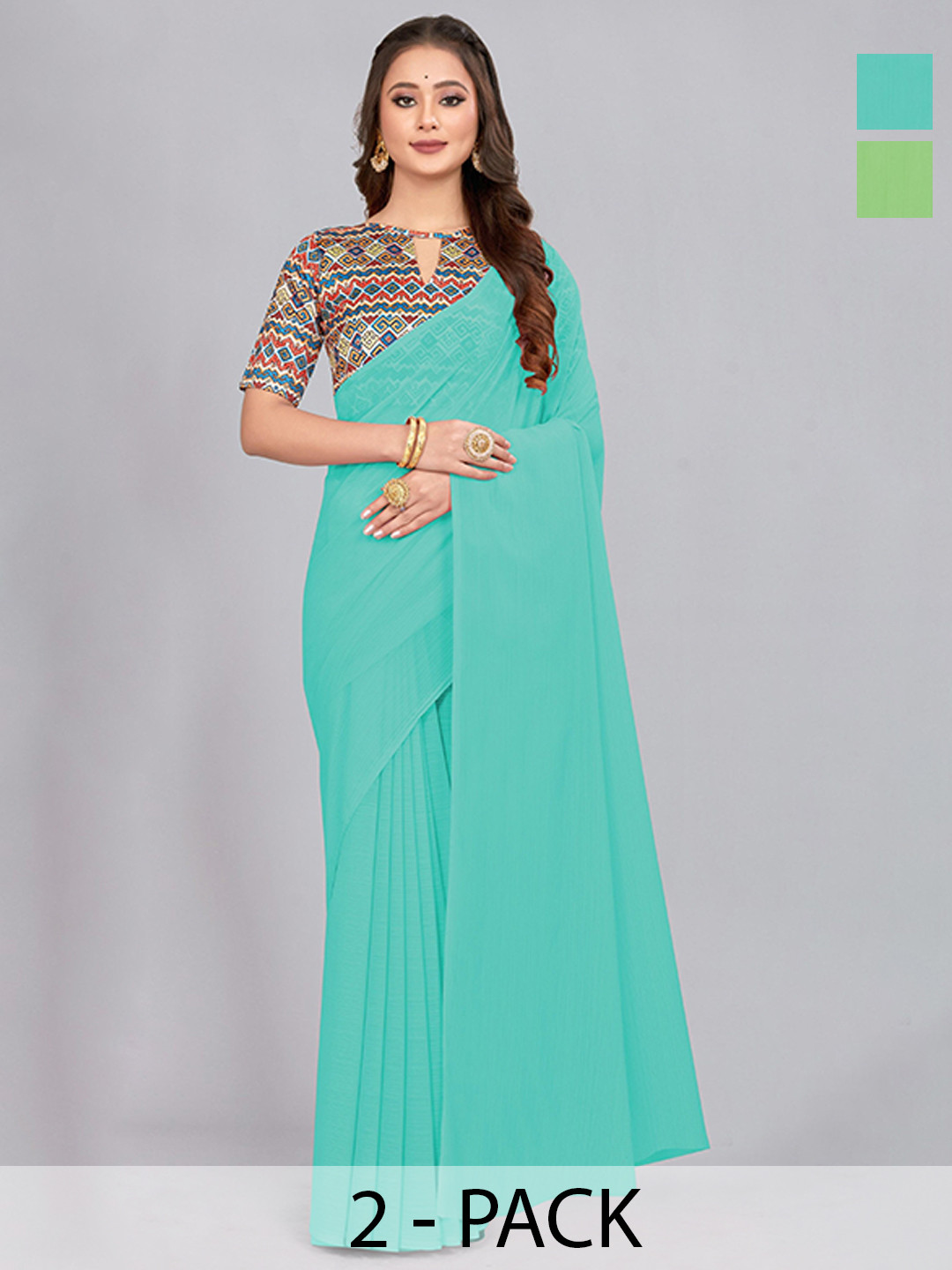 

CastilloFab Selection of 2 Pure Chiffon Sarees, Turquoise blue