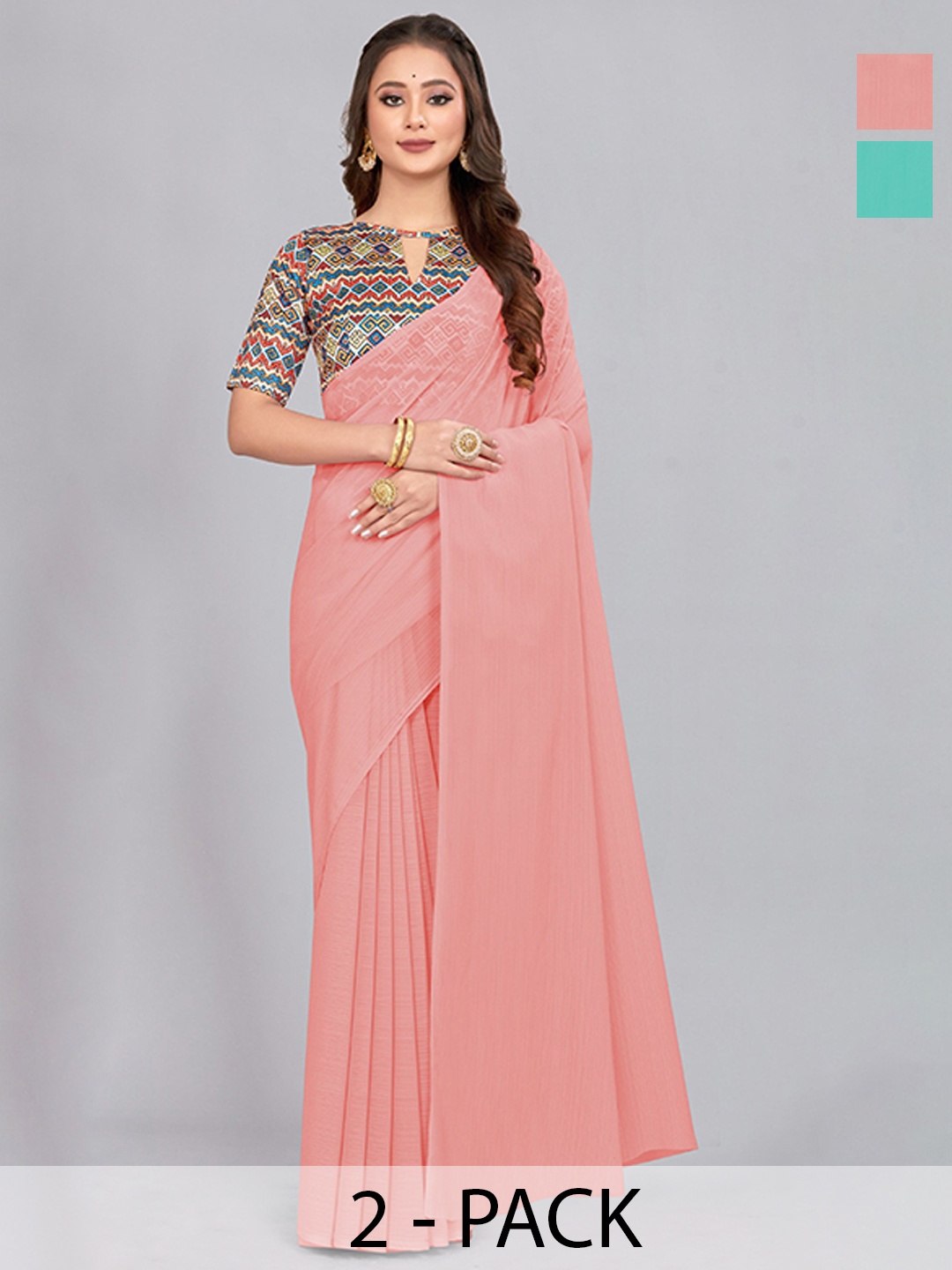 

CastilloFab Selection of 2 Pure Chiffon Sarees, Turquoise blue