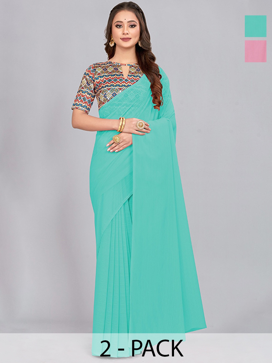 

CastilloFab Selection of 2 Pure Chiffon Sarees, Turquoise blue