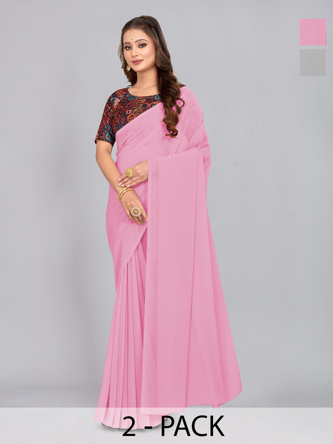 

CastilloFab Pack of 2 Pure Chiffon Saree, Pink
