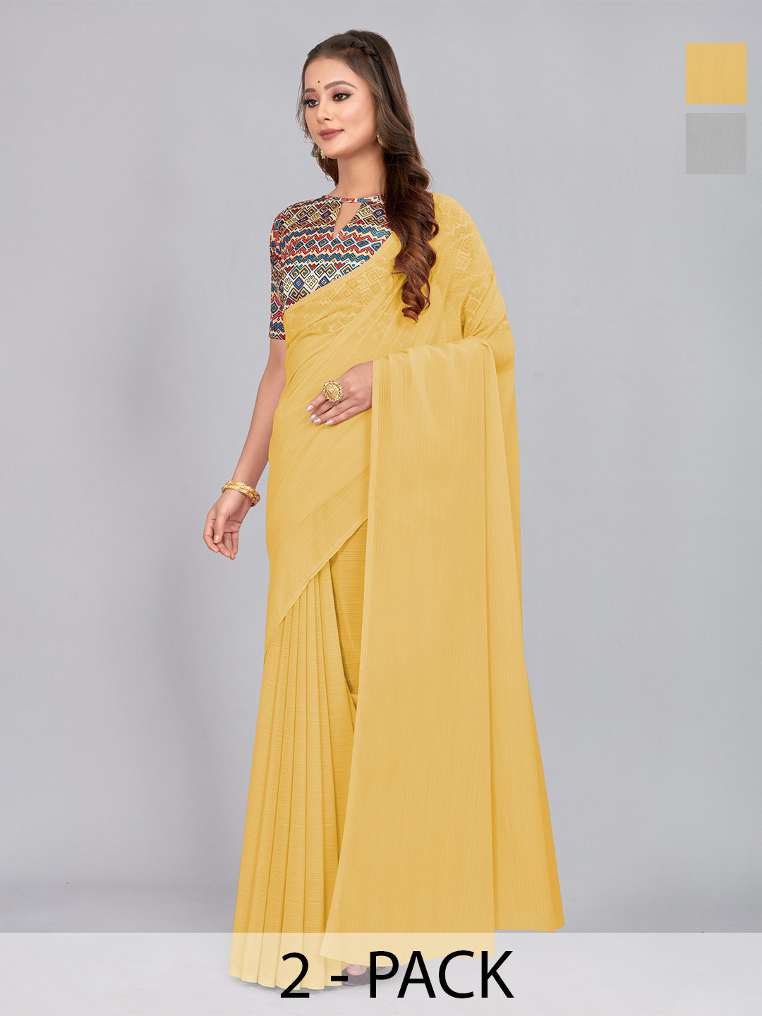 

CastilloFab Selection Of 2 Pure Chiffon Saree, Yellow
