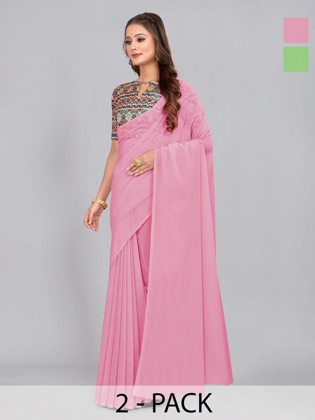 

CastilloFab Pack of 2 Pure Chiffon Saree, Pink