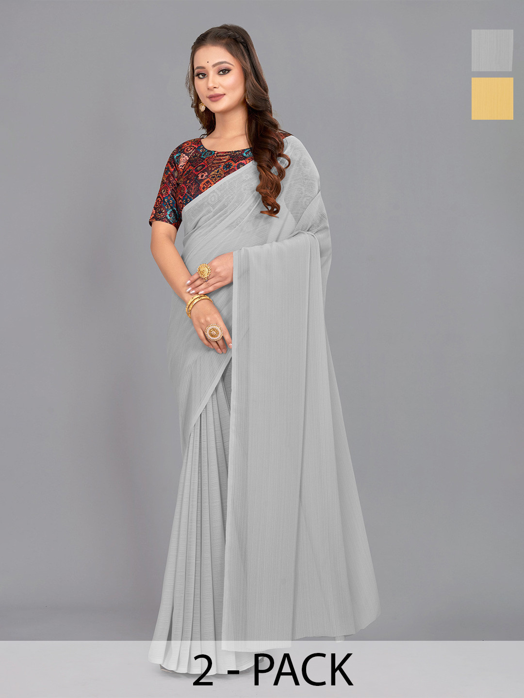 

CastilloFab Pack of 2 Pure Chiffon Saree, Grey