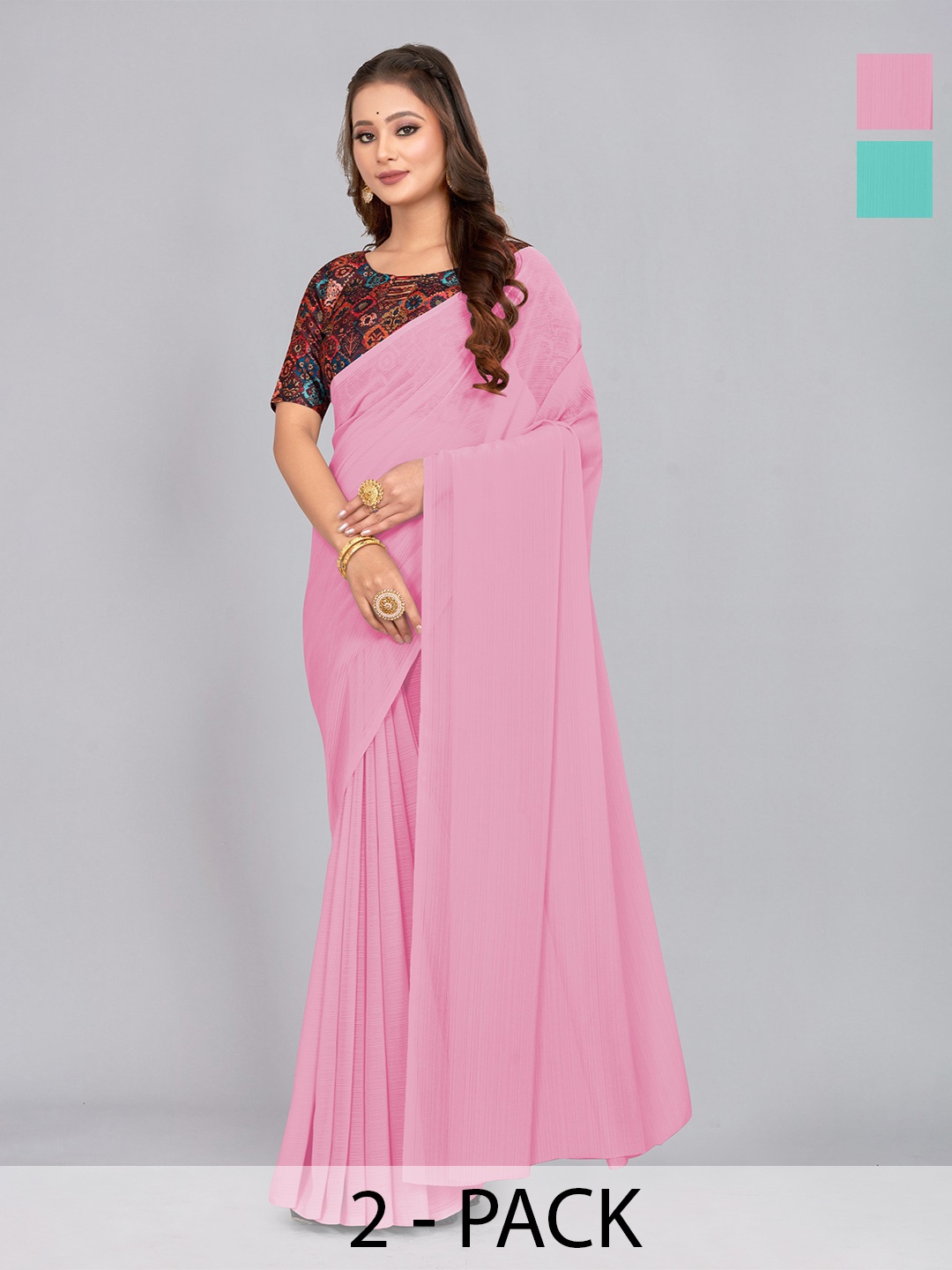 

CastilloFab Selection of 2 Pure Chiffon Saree, Pink