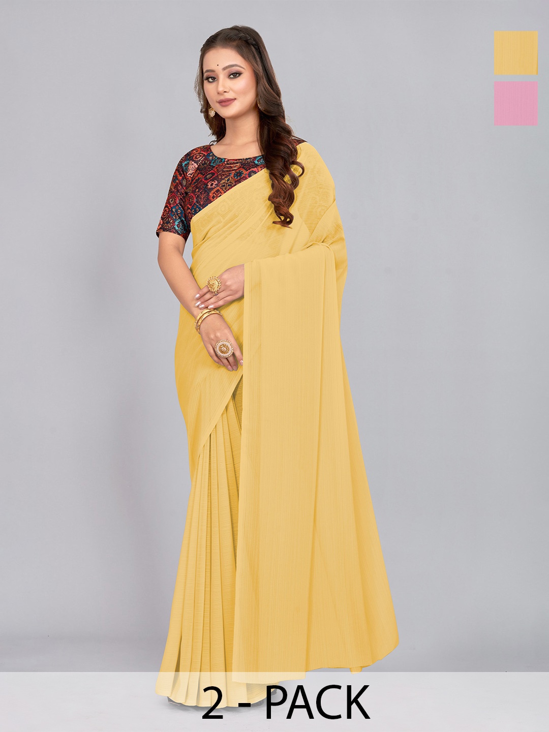 

CastilloFab Pack of 2 Pure Chiffon Saree, Yellow