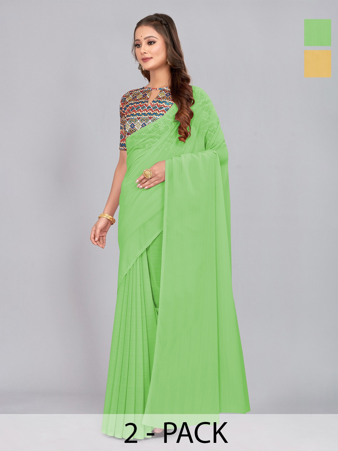 

CastilloFab Pack of 2 Pure Chiffon Saree, Green