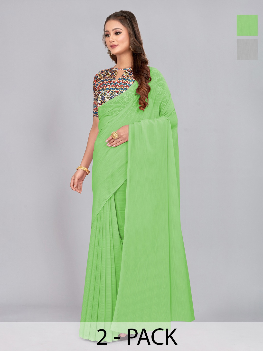 CastilloFab Selection of 2 Pure Chiffon Saree, Green