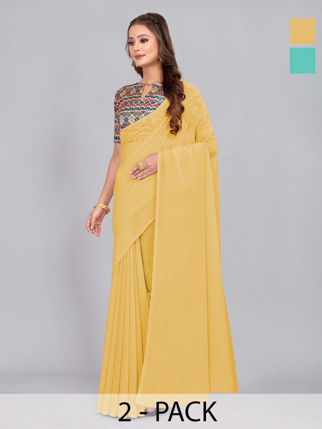

CastilloFab Pack of 2 Pure Chiffon Saree, Yellow