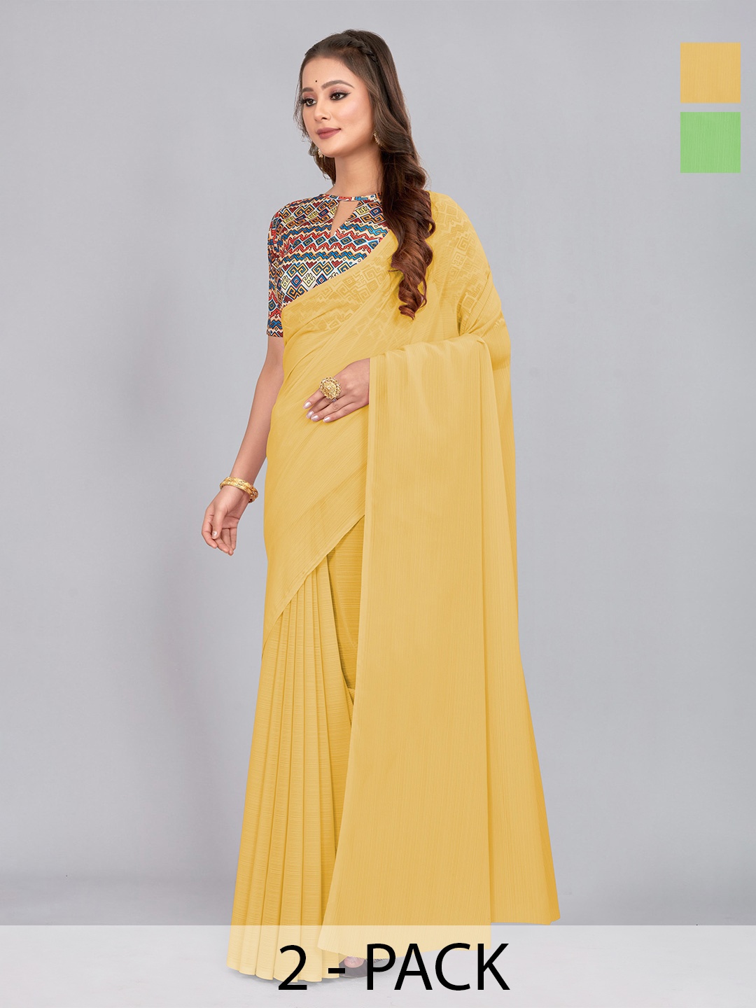 

CastilloFab Selection of 2 Pure Chiffon Saree, Yellow