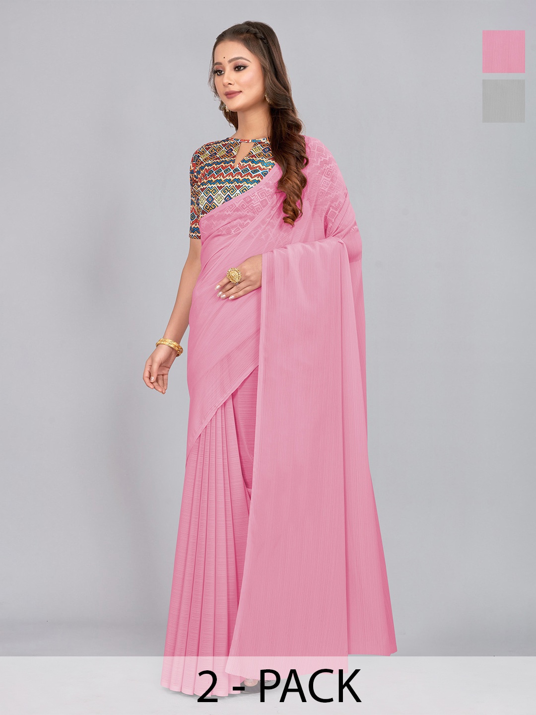

CastilloFab Selection of 2 Pure Chiffon Saree, Pink