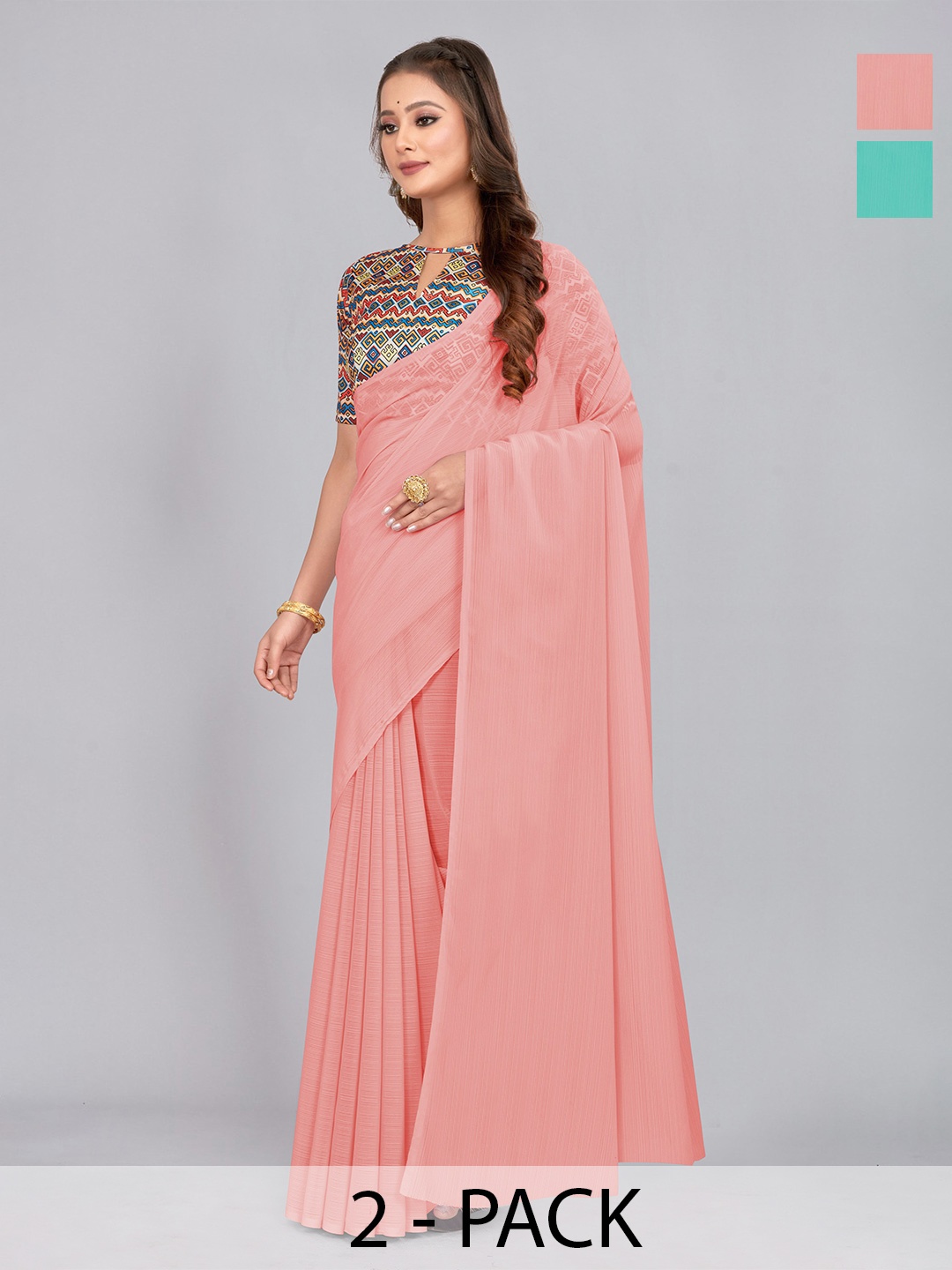 

CastilloFab Pack Of 2 Pure Chiffon Saree, Peach