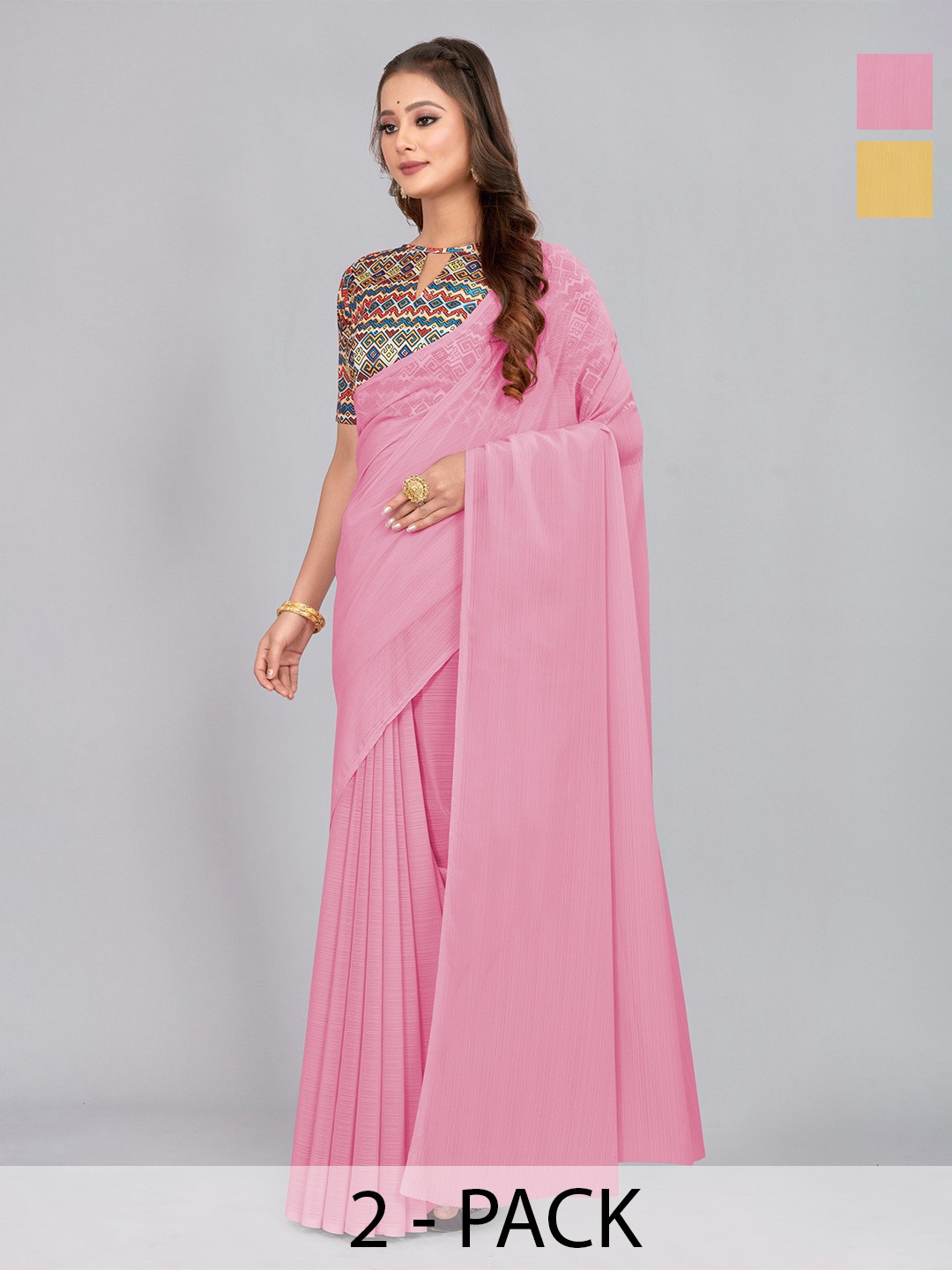 

CastilloFab Selection of 2 Pure Chiffon Saree, Pink