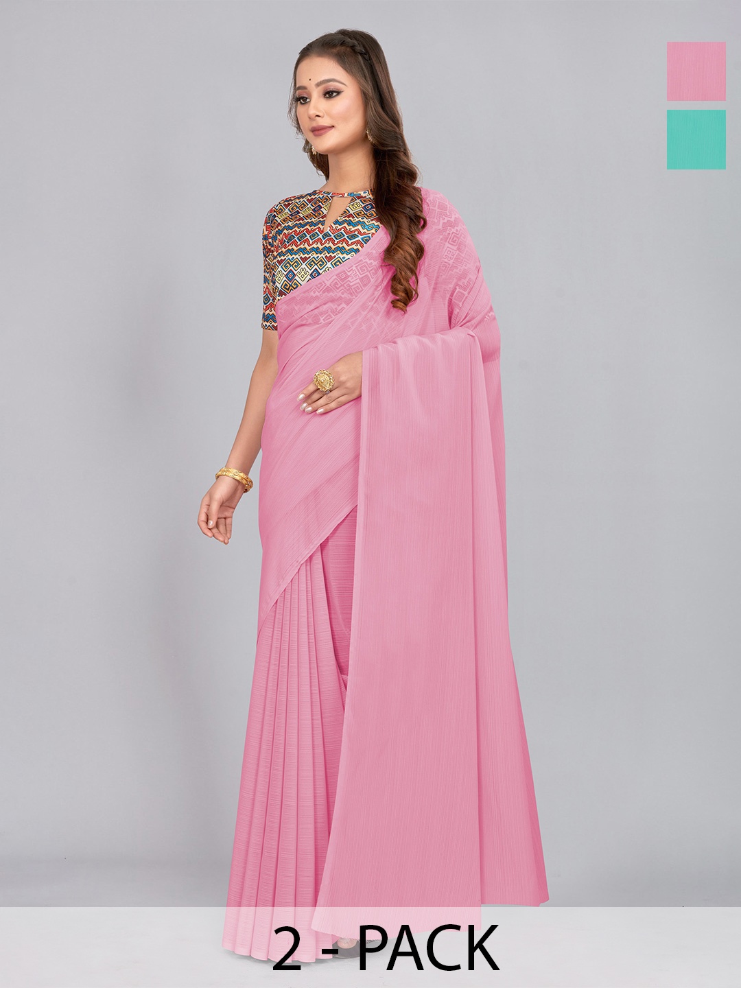 

CastilloFab Selection Of 2 Pure Chiffon Saree, Pink