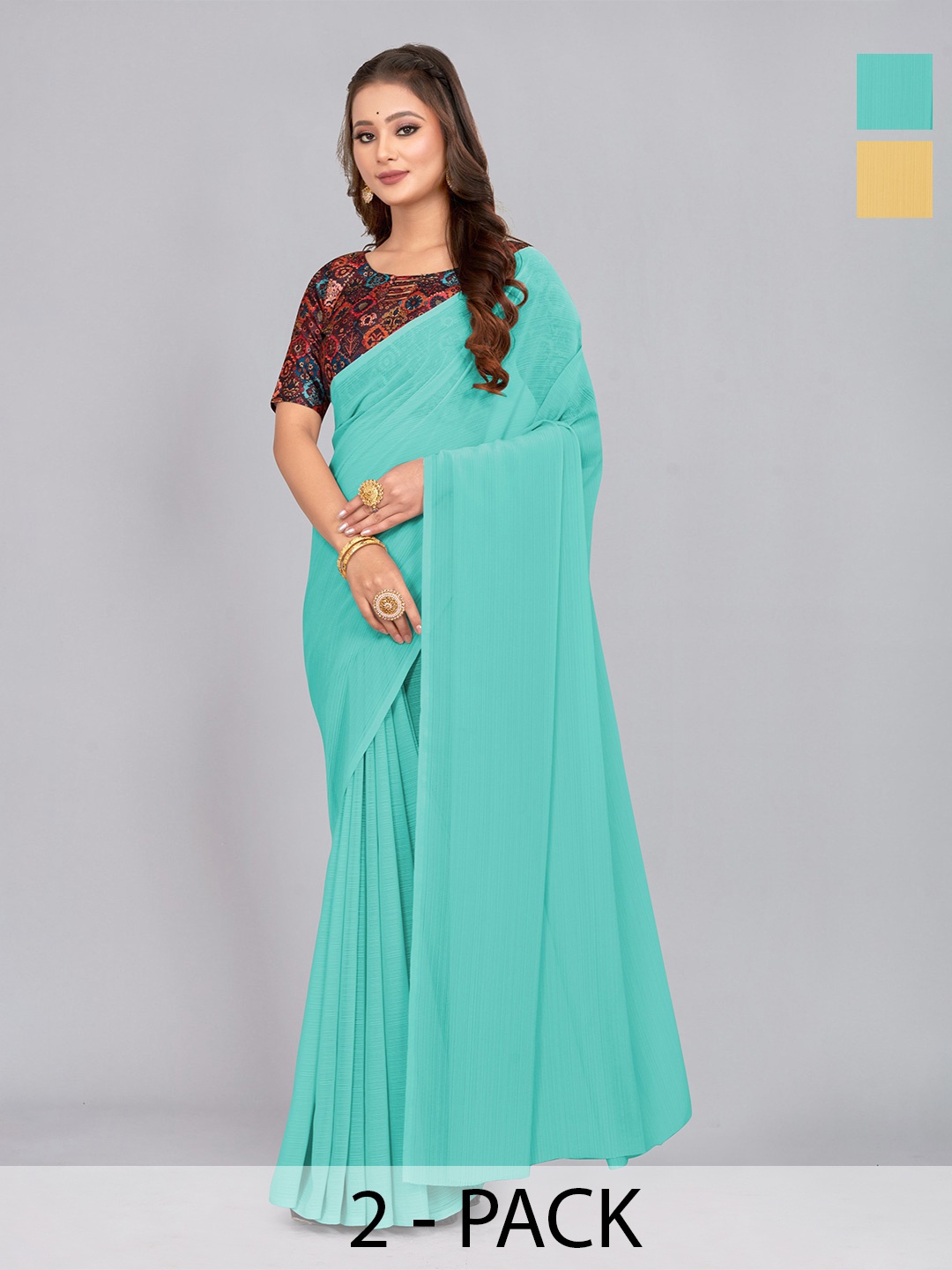 CastilloFab Pack Of 2 Pure Chiffon Saree, Turquoise blue
