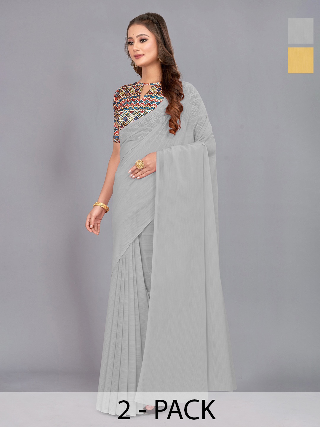 

CastilloFab Pack Of 2 Pure Chiffon Saree, Grey