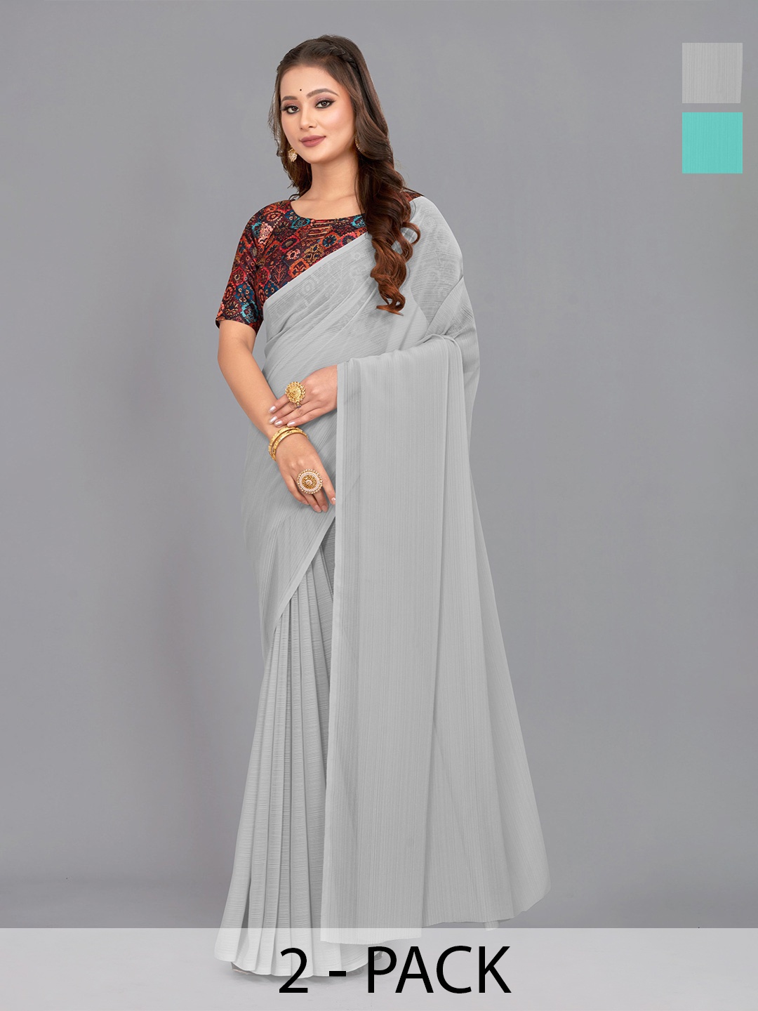 

CastilloFab Pack of 2 Pure Chiffon Saree, Grey
