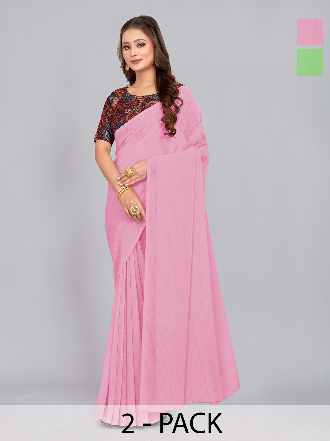 

CastilloFab Selection Of 2 Pure Chiffon Saree, Pink