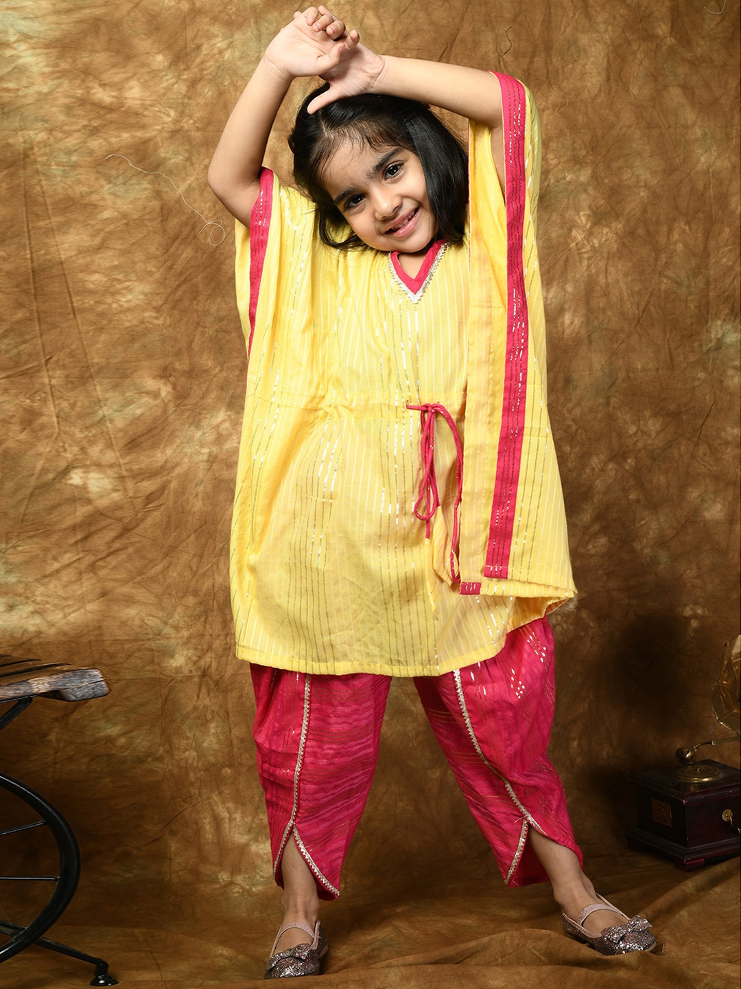 

BAESD Girls Striped Gotta Patti Kaftan Kurta With Dhoti Pant, Yellow