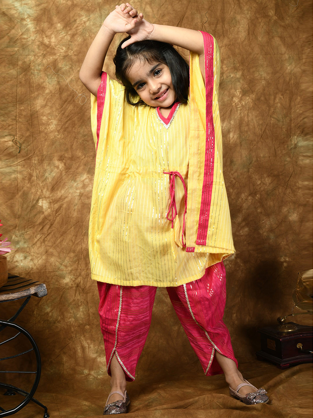 

BAESD Girls Striped Gotta Patti Kaftan Kurta With Dhoti Pant, Yellow