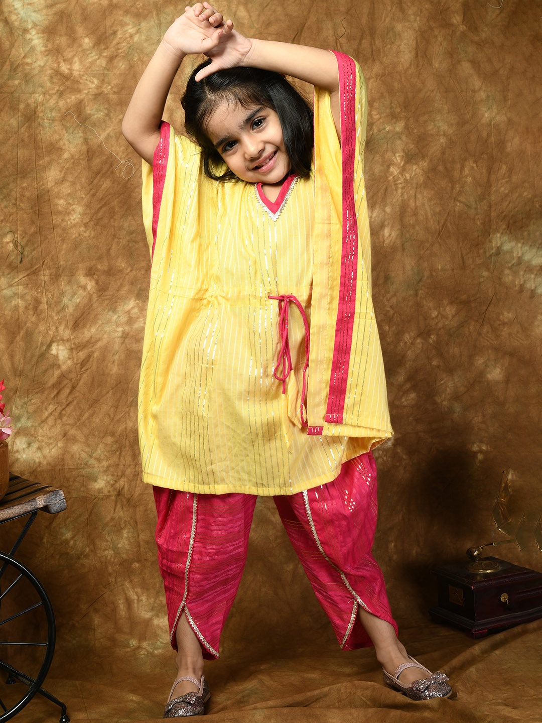 

BAESD Girls Striped Gotta Patti Kaftan Kurta With Dhoti Pant, Yellow