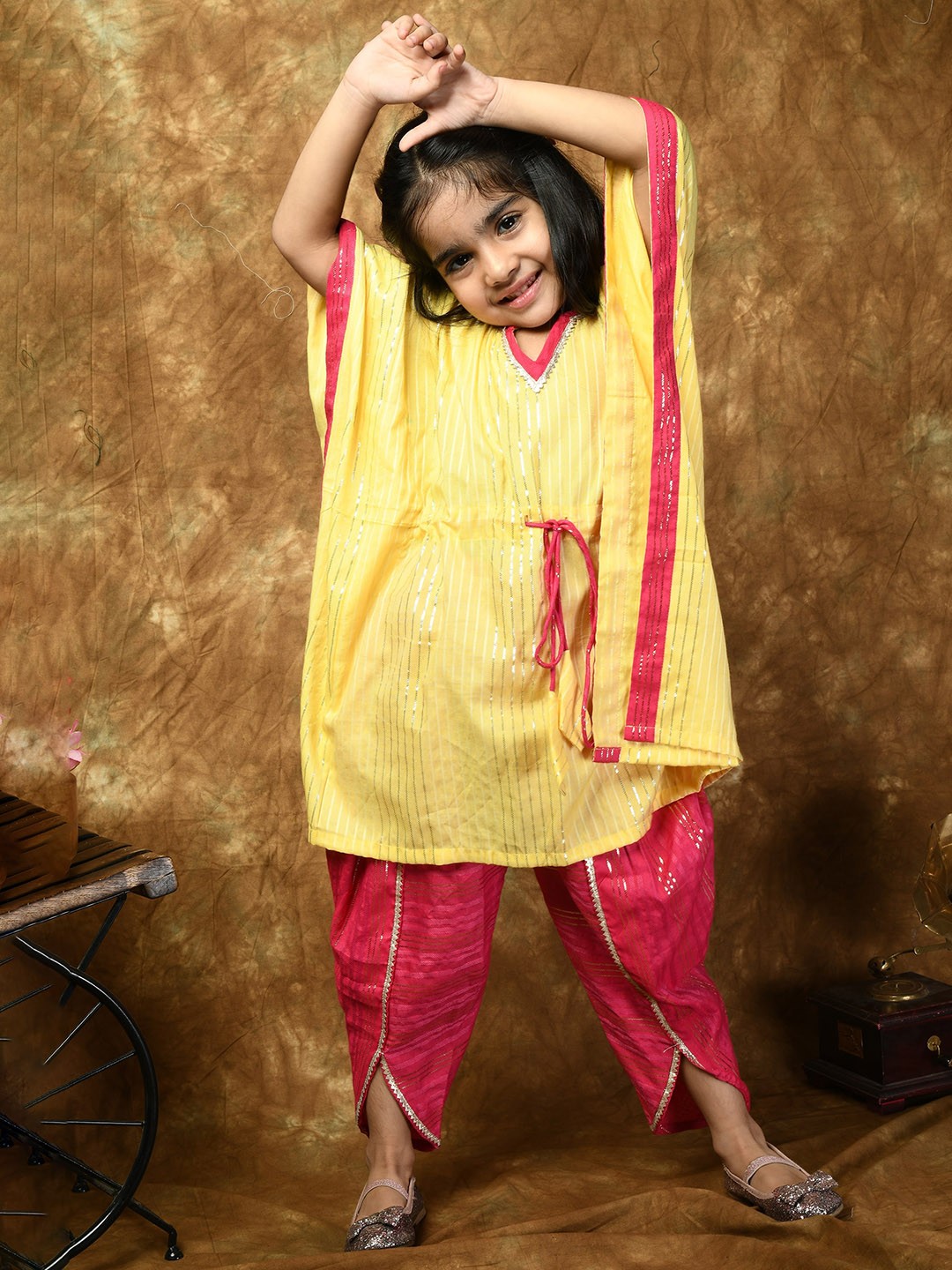 

BAESD Girls Striped Gotta Patti Kaftan Kurta With Dhoti Pant, Yellow