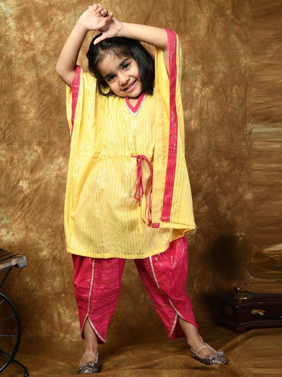 

BAESD Girls Striped Gotta Patti Kaftan Kurta With Dhoti Pant, Yellow