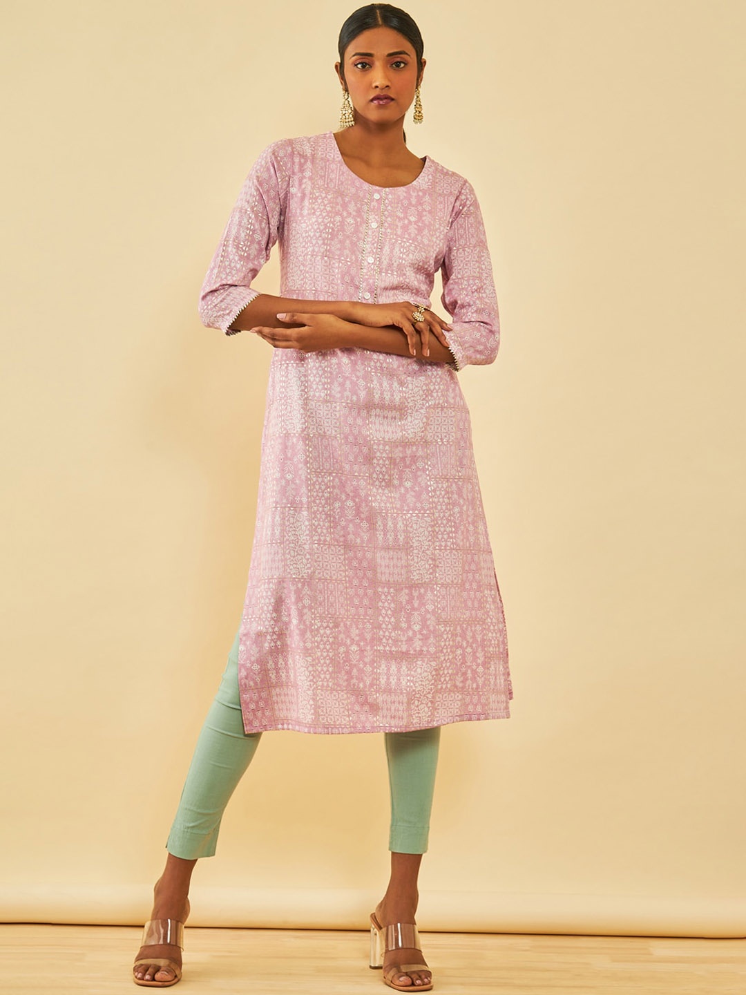 

Soch Pink & White Ethnic Motifs Printed Round Neck Straight Kurta