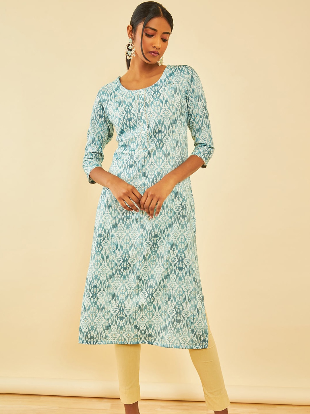 

Soch Abstract Print Dyed Round Neck Gotta Patti Kurta, Turquoise blue