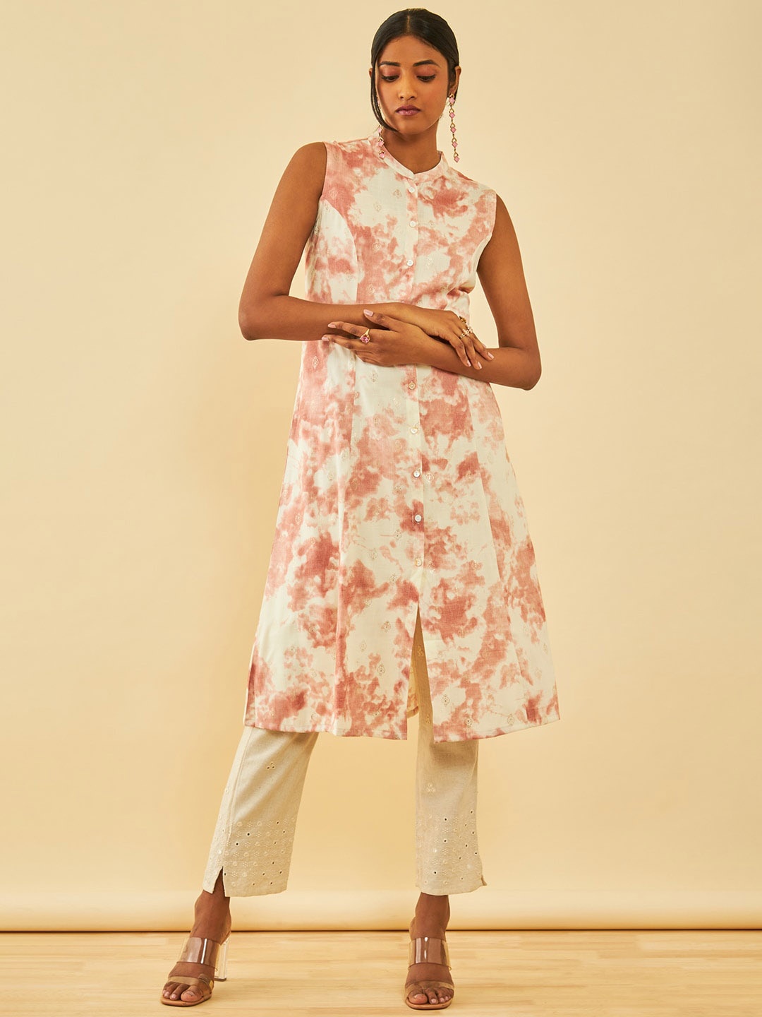 

Soch Tie-Dye Mandarin Collar Kurta with unstitched Sleeves, Peach