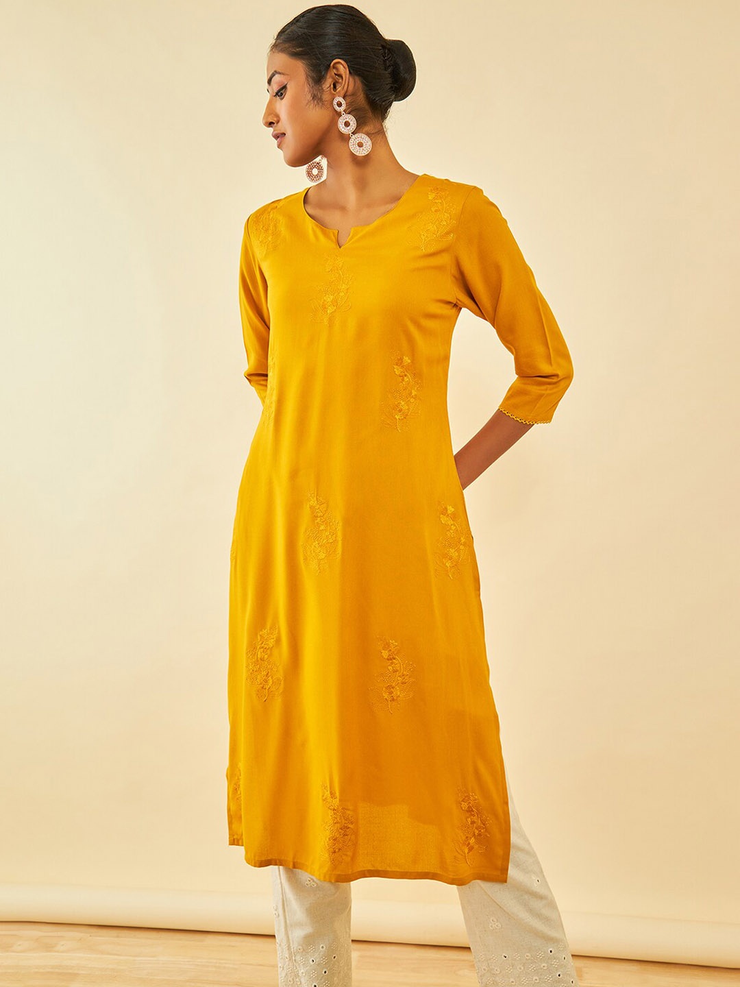 

Soch Round Neck Thread Work Embroidered Kurta, Mustard