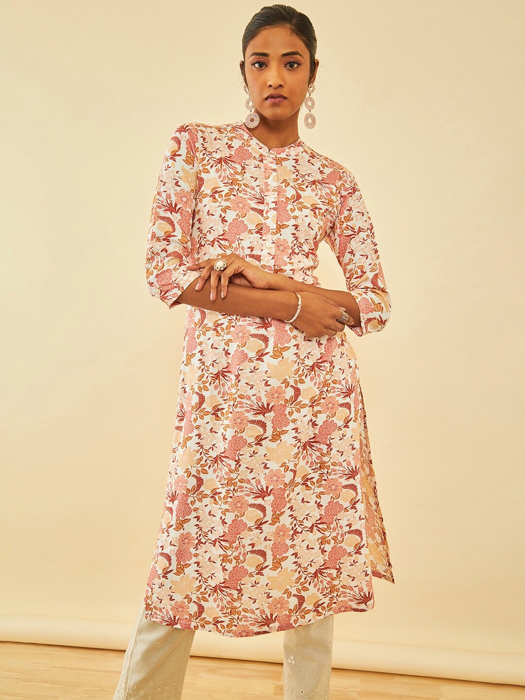 Soch Floral Printed Mandarin Collar Straight Kurta, Off white