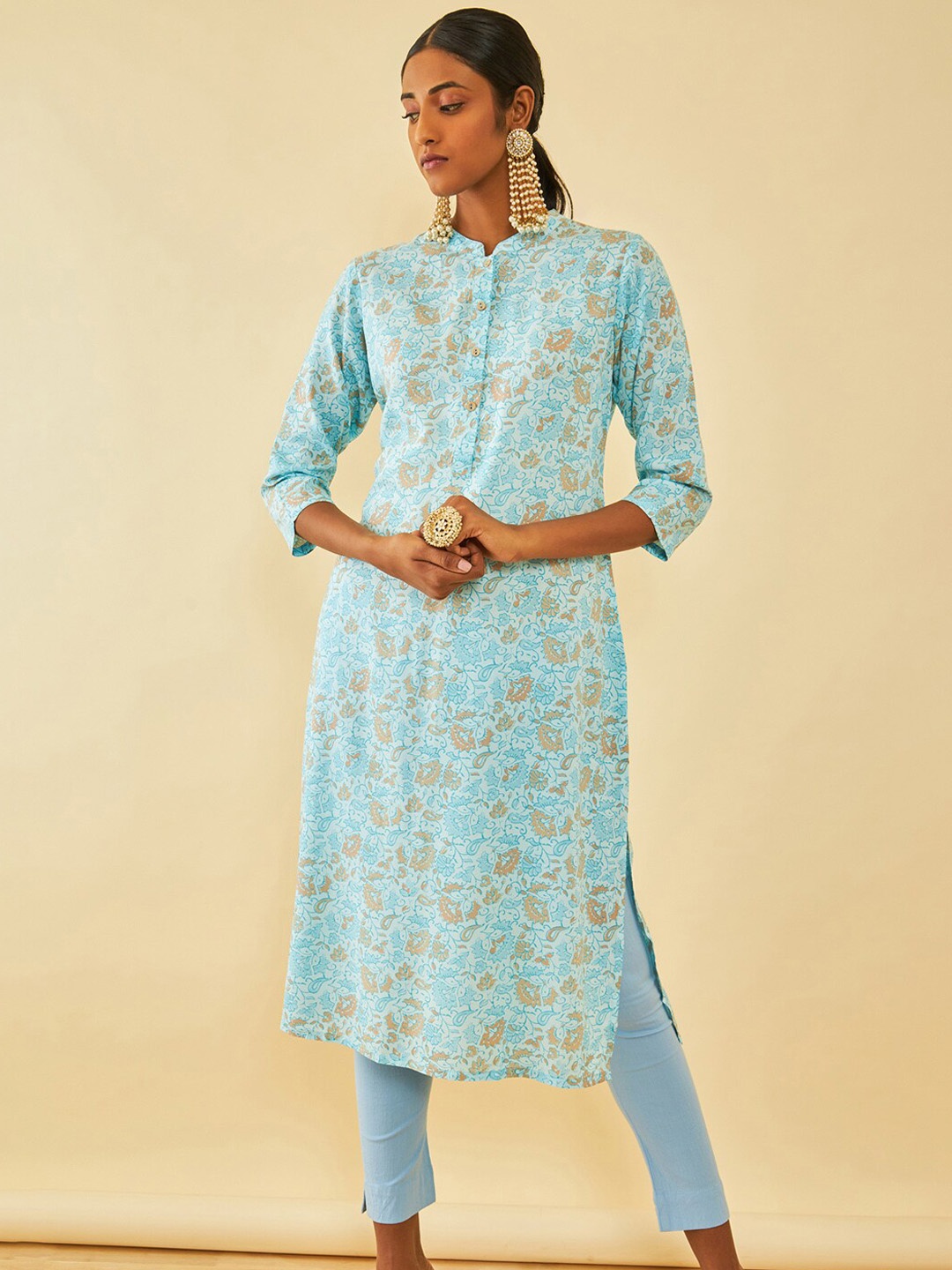 

Soch Floral Printed Mandarin Collar Straight Kurta, Blue