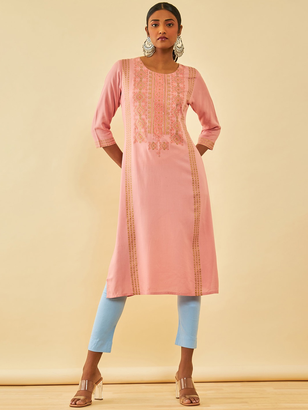 

Soch Ethnic Motifs Yoke Design Beads and Stones Kurta, Peach