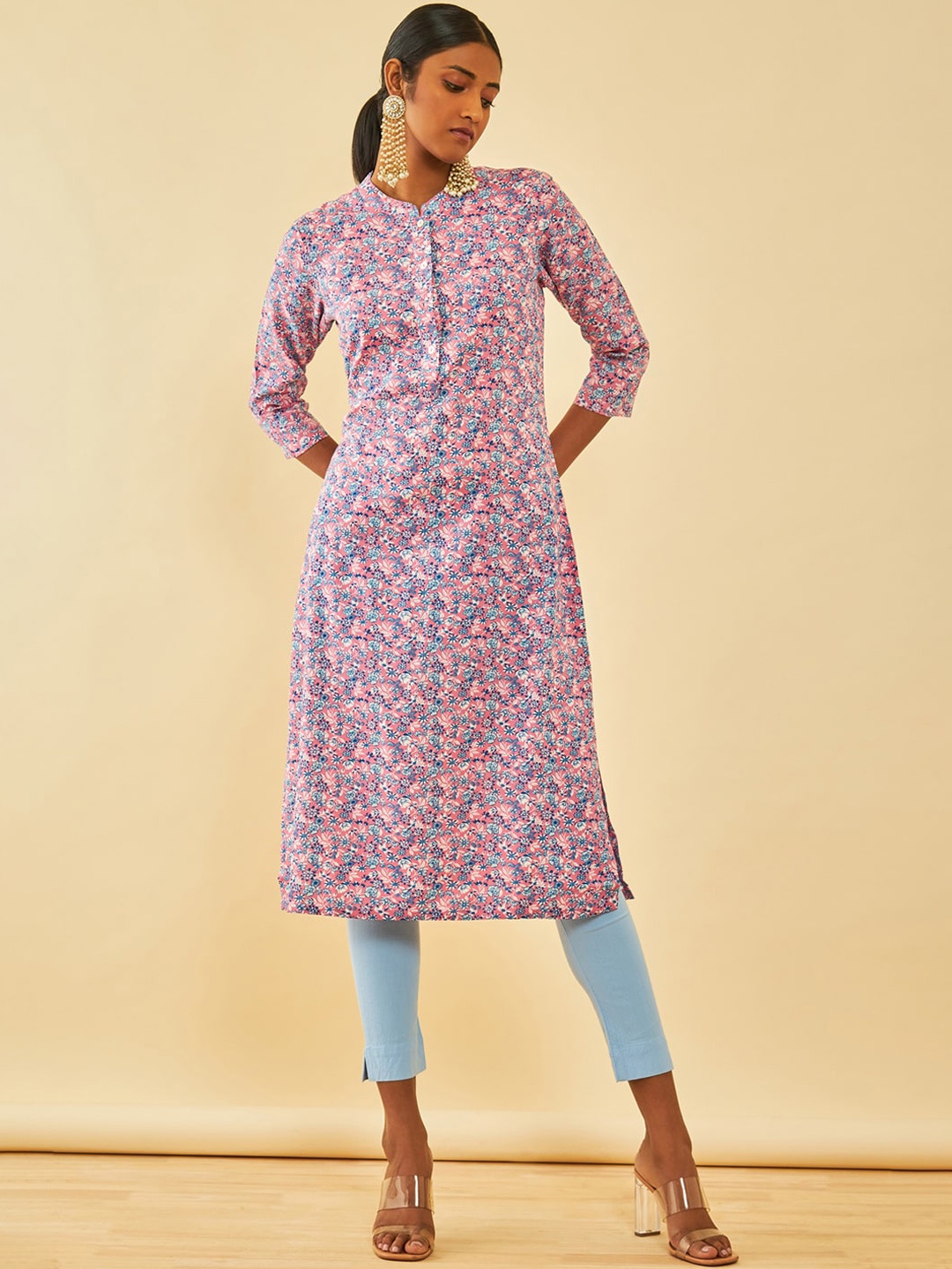 

Soch Floral Printed Modal Mandarin Collar Thread Work Kurta, Pink