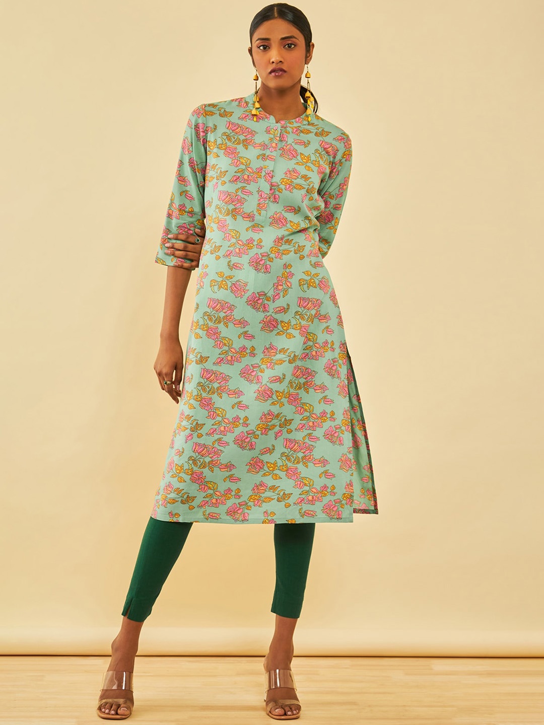 

Soch Floral Printed A-Line Beads and Stones Modal Kurta, Green