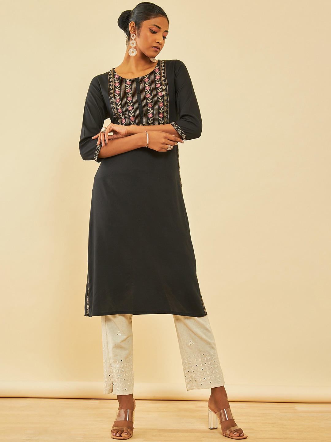 

Soch Ethnic Motifs Yoke Design Thread Work Straight Kurta, Black