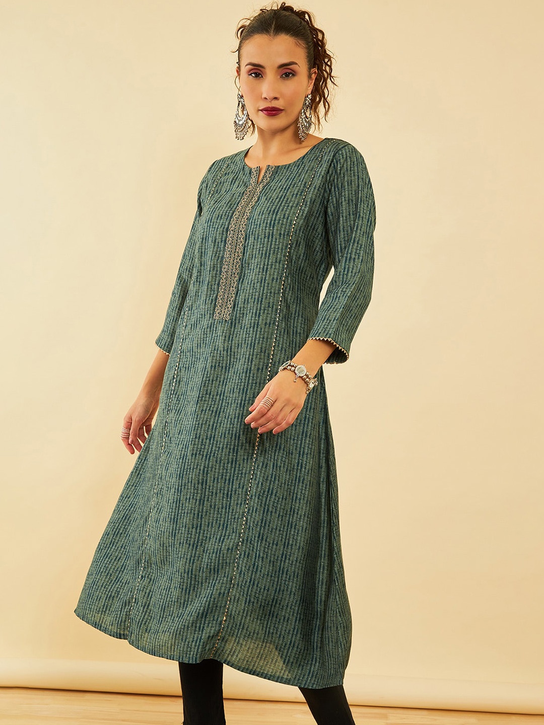 

Soch Muslin Striped Gotta Patti Kurta, Teal